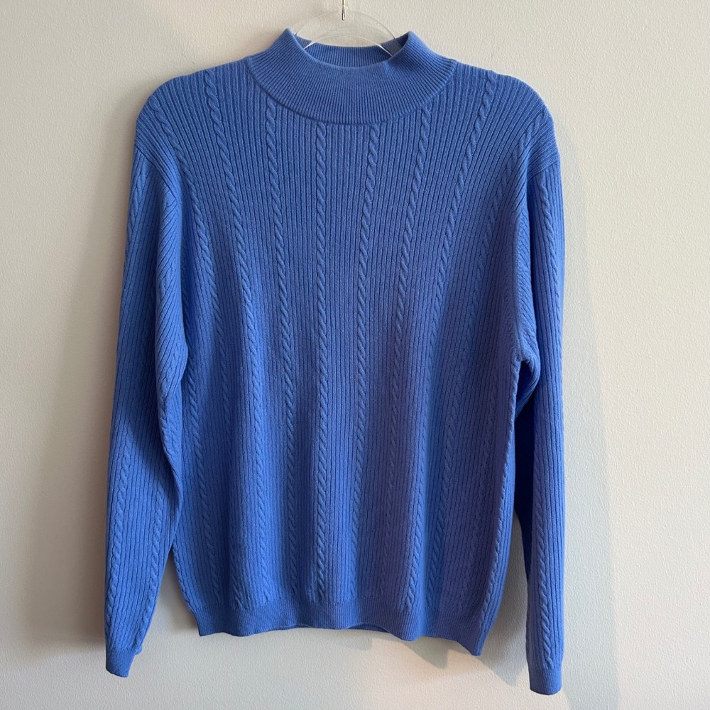 Charter Club Cashmere Sweater Blue M Mock Neck Cable Knit Pullover Long Sleeve